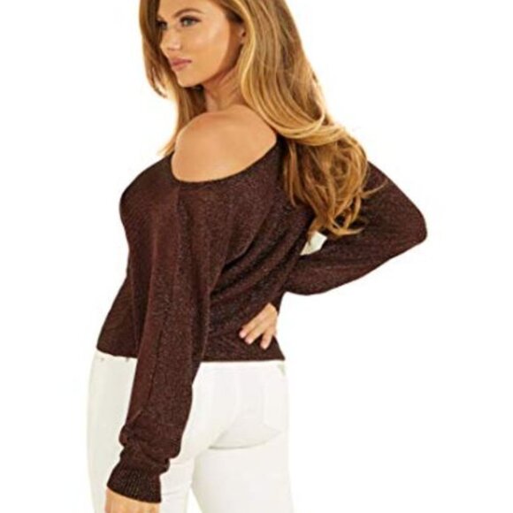 Small GUESS Long Sleeve Catrina Off The Shoulder Lurex Cord Sweater - Picture 3 of 9